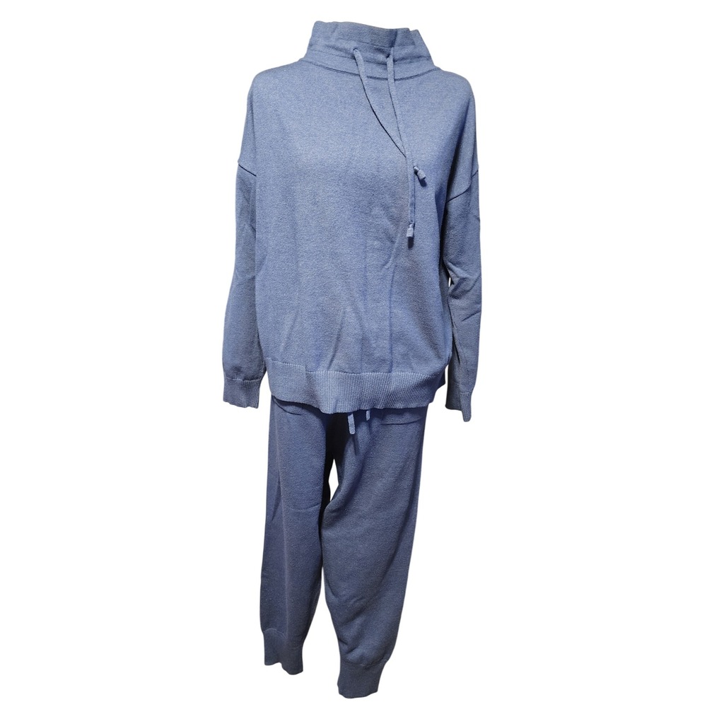 Anrabess Womens 2 Piece Sweater Set Blue Funnel Neck Top Jogger Pants Size L